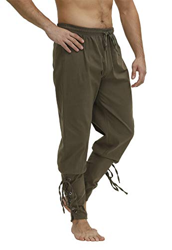 Men's Ankle Banded Cuff Renaissance Pants Medieval Viking Navigator Trousers Pirate Cosplay Costume with Drawstrings Amy Green-XL