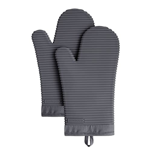 KitchenAid Ribbed Soft Silicone Oven Mitt Set, Charcoal Grey 2 Count , 7.5'x13'