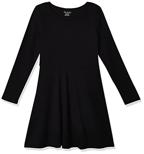 The Children's Place Girls' and Toddler Solid Long Sleeve Skater Dress, Black Single, X-Small