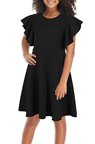 GORLYA Girl's Flutter Sleeve Stretchy A-Line Swing Flared Skater Party Dress with Pockets for 4-12 Years Kids (GOR1019, 11-12Y, Black Color)