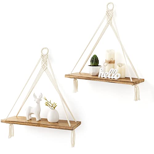 Mkono Macrame Hanging Shelves Boho Wall Decor Set of 2 Rustic Wood Floating Storage Shelf for Bedroom Bathroom Living Room Nursery Dorm Room, Display Shelving for Hanging Plants Photos