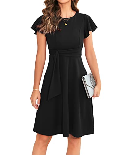 OWIN Summer Dresses for Women Ruffle Short Sleeve Flared Swing A-Line Cocktail Midi Dress Black M
