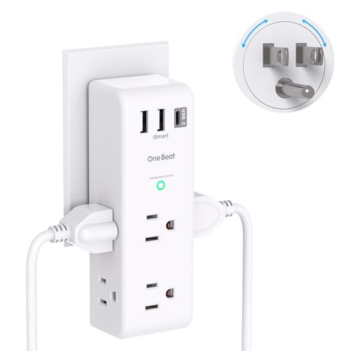 Surge Protector Outlet Extender - with Rotating Plug, 6 AC Multi Plug Outlet with 3 USB Ports (1 USB C), 1800 Joules, 3-Sided Swivel Power Strip with Spaced Outlet Splitter for Home, Office, Travel