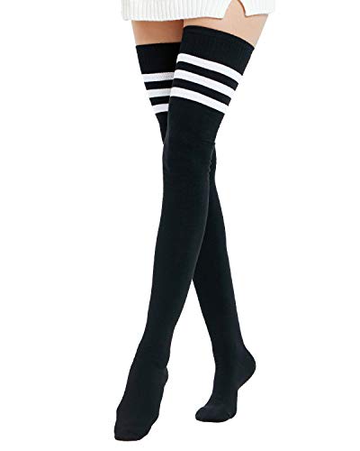 Kayhoma Extra Long Cotton Stripe Thigh High Socks Grunge Style Over the Knee High Stockings, Black, 1 Pair…
