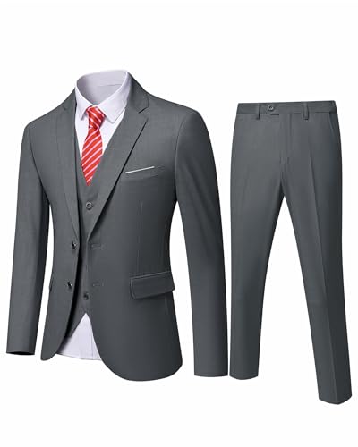 YND Men's Slim Fit 2 Button 3 Piece Suit Set, Blazer Jacket Vest Pants and Tie, Solid Wedding Dress Tux and Trousers Deep Grey