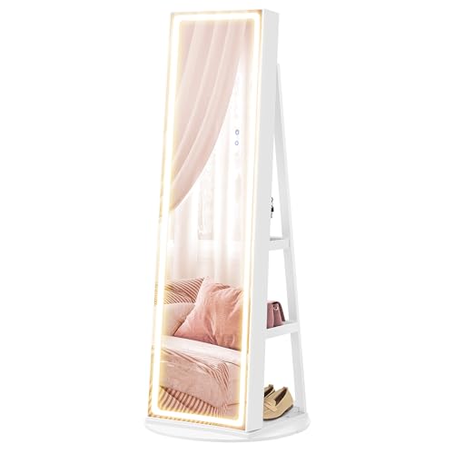 SONGMICS LED Mirror Jewelry Cabinet Standing, Lockable Jewelry Armoire with Full-Length Mirror and Adjustable LED Lights, Space-Saving Jewelry Organizer with Mirror, Mother's Day gifts, White