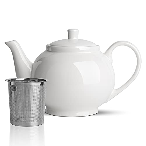 ComSaf 37oz Porcelain Teapot with Removable Infuser & Lid, Large Tea Pot with Stainless Steel Fine Mesh Strainer, Ceramic Tea Pot with Infusers for Loose Tea or Bags, White