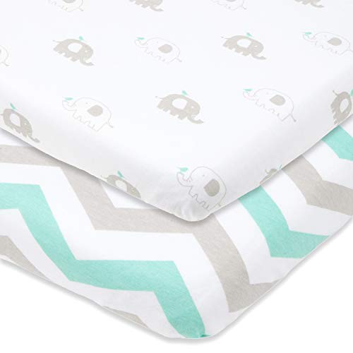 Cradle Sheets Fitted 18 x 36 – Fits Most Bedside Sleeper Bassinets Without Bunching Mattress Pad – Snuggly Soft Jersey Cotton – Grey, Mint, Chevron, Elephants – 2 Pack