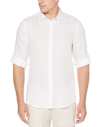 Perry Ellis Men's Long Sleeve Solid Linen Shirt, Bright White, Large