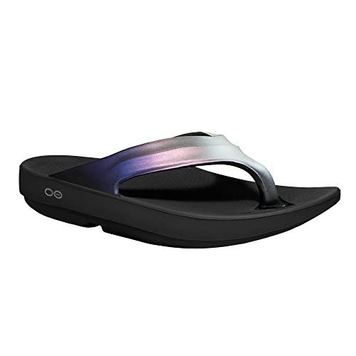 OOFOS OOlala Luxe Sandal, Calypso - Women’s Size 9 - Lightweight Recovery Footwear - Reduces Stress on Feet, Joints & Back - Machine Washable - Hand-Painted Treatment