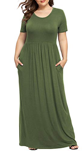 LONGYUAN Ladies 2XL Casual Long Dress Loose Comfy Plus Size Swing Dresses with Pockets Army Green, 2XL