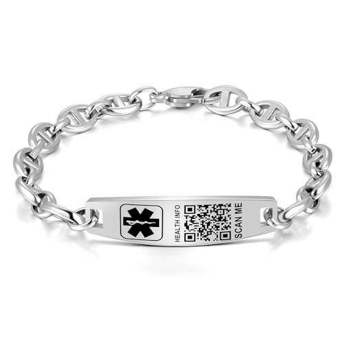 Theluckytag Upgraded Medical Bracelets with QR Code for Women Men Medical Alert Id Bracelet - Sterling Silver Small Code 7''-9'' - More Space Custom Emergency Medical ID Info