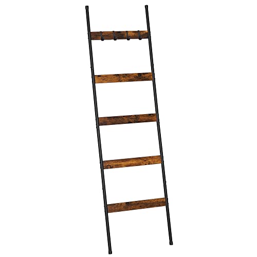 ELYKEN Blanket Ladder for Living Room, Farmhouse 5 -Tier Quilt Holder with 4 Removable Hooks for Bathroom, Wood Towel Rack Display, Wall Anchor Leaning Decorative Stand for Home Decor, Rustic Brown