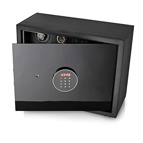 Watch Winder Security Safe for Automatic Watches with Digital Lock, Faux Leather Finish and Interior Backlight (12 Watches, Black)