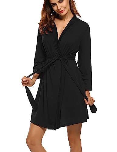 HOTOUCH Womens Robes V Neck Knee Length Lightweight Bathrobe Soft Cotton Belt Attached Robe with Pockets Black M