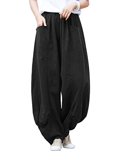 Aeneontrue Women's Casual Linen Wide Leg Pants Loose Elastic Waist Palazzo Trousers with Unique Pleated Cuff Black Small