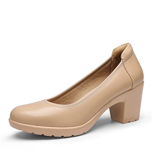 DREAM PAIRS Women's SDPU2230W Edena Chunky Closed Toe Low Block Heels Work Pumps Comfortable Round Toe Dress Wedding Shoes, Size 8, Nude