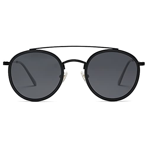 SOJOS Retro Round Double Bridge Polarized Sunglasses for Women Men Vintage Circle UV400 Sunnies SJ1104, Dark Black/Grey