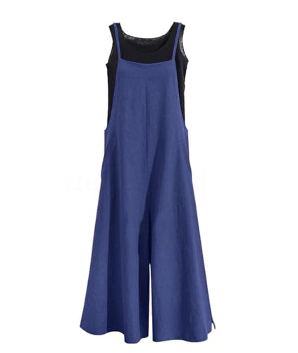 YESNO Women Casual Loose Long Bib Pants Wide Leg Jumpsuits Baggy Cotton Rompers Overalls with Pockets (2XL PZZTYP2 Navy Blue)