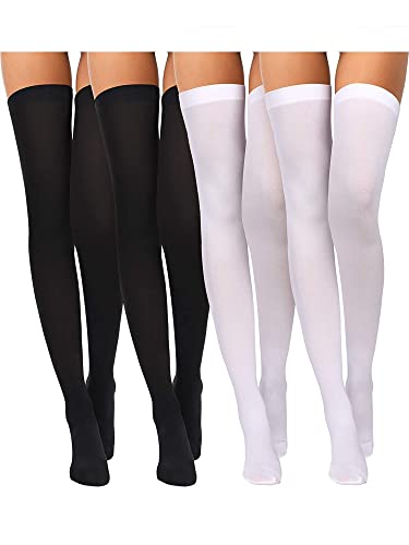 4 Pairs Women's Silk Thigh High Stockings Nylon Socks for Women Halloween Cosplay Costume Party Accessory (Black, White, Medium)