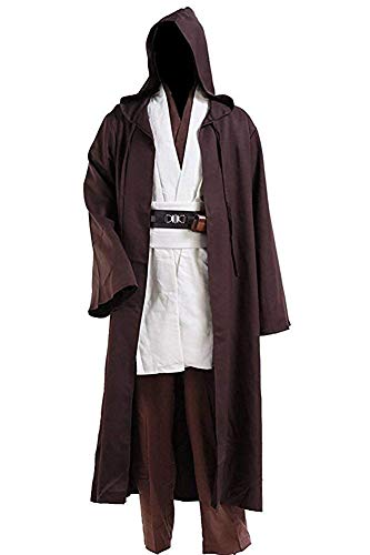 Halloween Tunic Costume Set Cosplay Outfit for Jedi Brown with White Hooded Robe (X-Large, White)