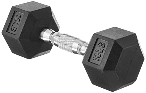 Amazon Basics Rubber Encased Exercise & Fitness Hex Dumbbell, Hand Weight for Strength Training, 10 lb, Black & Silver