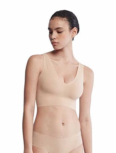 Calvin Klein Women's Invisibles Comfort Seamless Lightly Lined V Neck Bralette Bra, Beige, Large