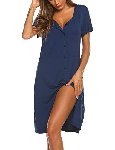 Ekouaer Women's Nightshirt Short Sleeve Button Down Nightgown V-Neck Sleepwear Pajama Dress, Navy Blue, Medium