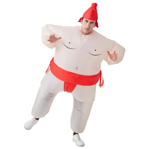 IRETG Sumo Wrestler Costumes for Adults Inflatable Sumo Costume Blow up Fat Wrestler Jumpsuit Funny Fancy Dress for Holiday Party, Free Size (red)