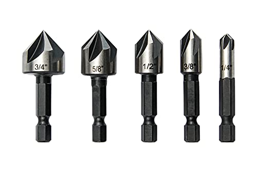 wesleydrill 5 pcs Countersink Drill Bit Set，82 Degree Counter Sink， Fit for Sink Holes into Most Machinable Metals, Plywood, Softwood, Hardwood, Fiberglass Plastic, Mild Steel