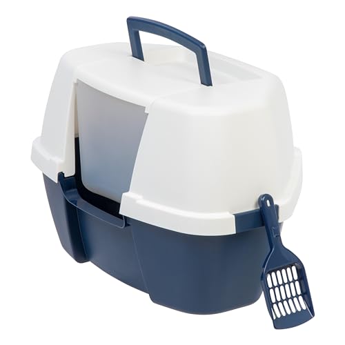 IRIS USA Large Enclosed Corner Cat Litter Box with Front Door Flap and Scoop, Hooded Kitty Litter Tray with Easy Access Lift Top Handle and Buckles for Portability and Privacy, Navy/White