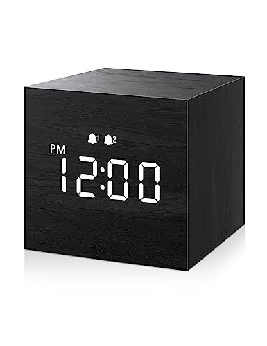 JALL Digital Alarm Clock, with Wooden Electronic LED Time Display, Dual Alarm, 2.5-inch Cubic Small Mini Wood Made Electric Clocks for Bedroom, Bedside, Desk, Black