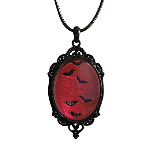Pingyongchang Gothic Blood Bat Cabochon Pendant Necklace Vampire Bat Cameo Necklace Vintage Goth Celtic Mystic Witch Halloween Jewelry Gift for Women Girls-black
