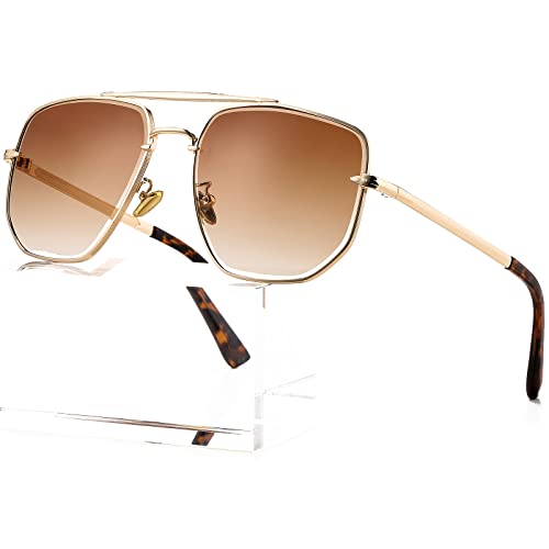 AIEYEZO Square Aviator Sunglasses for Men Women Fashion Vintage Diamond Cutting Lens Classic Military Pilot Gradient Shades (Gold/Brown Gradient)
