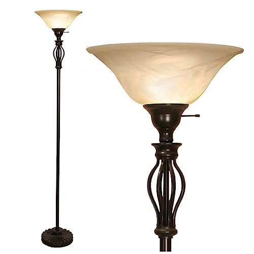 LIGHTACCENTS Bronze Floor Lamp with Alabaster Glass Bowl Shade for Living Room Decor - Torchiere Floor Lamps- Tall Floor Lamp - Traditional Iron Scrollwork Unique Floor Lamp for Living Room
