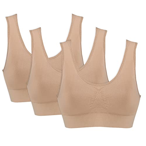 Genie Bra Womens 3 Bra Pack - Wireless Bra Pack, Solid Color Seamless Bra - Nude - XL