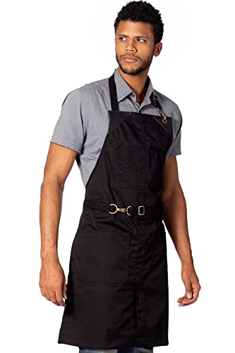 Under NY Sky No-Tie Deep Black Apron - Durable Twill with Leather Reinforcement and Split-Leg - Adjustable for Men and Women - Pro Barber, Tattoo, Barista, Bartender, Baker, Hair Stylist, Server Apron