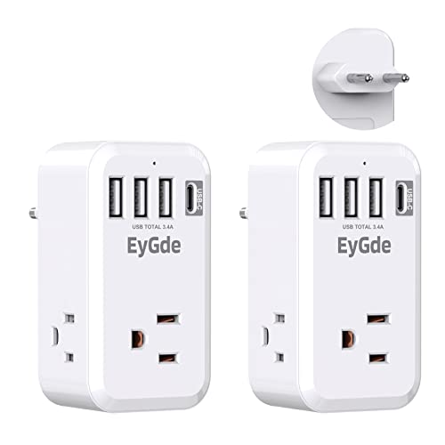 2 Pack USB C European Travel Plug Adapter, EyGde International Power Plug Converter with 3 American Outlets, 1 Type C and 3 USB, US to EU Plug Adapter for France, Germany, Greece, Italy, Israel