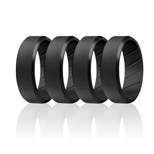 ROQ Silicone Rubber Wedding Ring for Men, Comfort Fit, Men's Wedding Band, Breathable Rubber Engagement Band, 8mm Wide 2mm Thick, Beveled Edge, 4 Pack, Black, Size 10