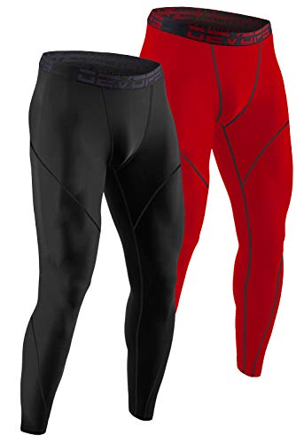 DEVOPS Men's Thermal Compression Pants, Athletic Leggings Base Layer Bottoms (2 Pack) (Small, Black/Red)