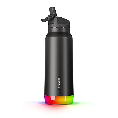 Hidrate Spark PRO Smart Water Bottle – Insulated Stainless Steel – Tracks Water Intake with Bluetooth, LED Glow Reminder When You Need to Drink – Straw Lid, 32oz, Black