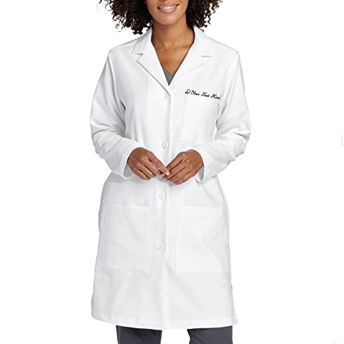 Personalized Embroidered Lab Coat for Women with Medical Specialty ICON & Your Name or Text, 13 Thread Colors - Custom Embroidered Women's Laboratory Coats w/ 3 Pockets & Long Sleeve, White - Small