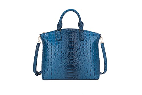Satchel Bag Women’s Vegan Leather Crocodile-Embossed Pattern With Top Handle Large Shoulder Bags Tote Handbags (Navy)