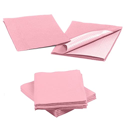 Pink Disposable Dental Bibs 13'x18' - 3 Ply Waterproof Tattoo Bib Sheet for Patients - Dentist or Medical Tray Cover and Nail Table Cover Supplies