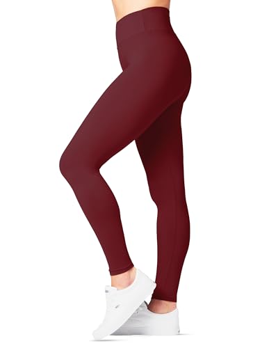 SATINA Womens High Waisted Pants - Workout, Yoga Leggings for Regular & Plus Size Women, 3 Inch Waistband, Burgundy, One Size Plus, Slim