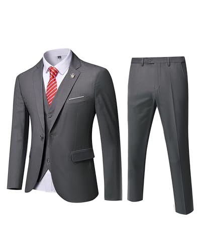 MYS Men's 3 Piece Slim Fit Suit Set, One Button Solid Jacket Vest Pants with Tie Dark Grey
