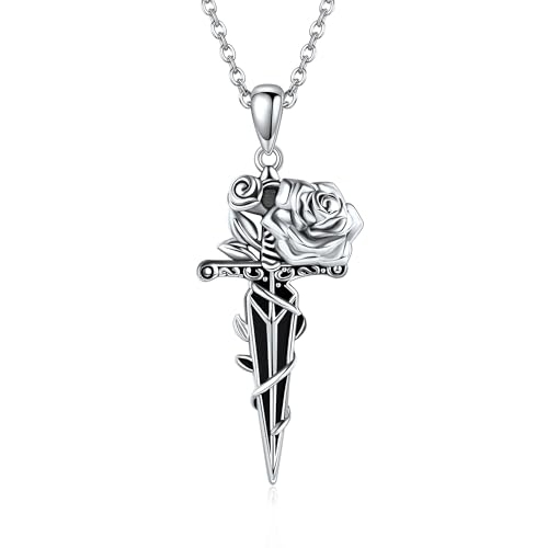 JERWLI Rose Dagger Necklace S925 Sterling Silver Punk Sword Flower Necklaces Dagger Punk Jewelry For Women Girls Sword Pendant Gifts