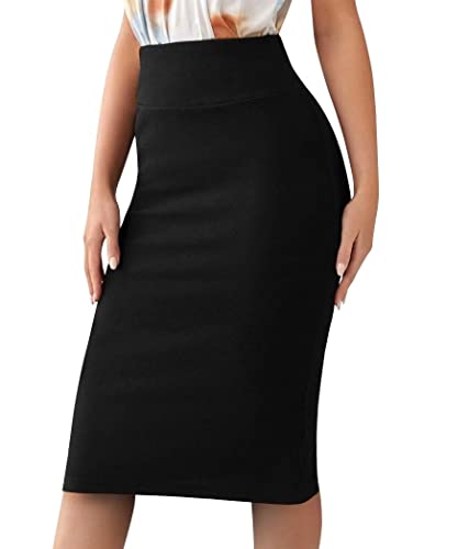 Sweet Hearts Women’s Basic Stretch Pencil Skirt- Regular & Plus Size- Below Knee Office Midi Bodycon Nylon Skirt Made in USA (Black, Large)