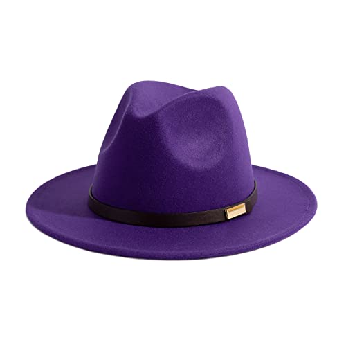 Gossifan Fedora Hats for Men Wide Brim Panama Hat with Classic Belt-B Belt Purple