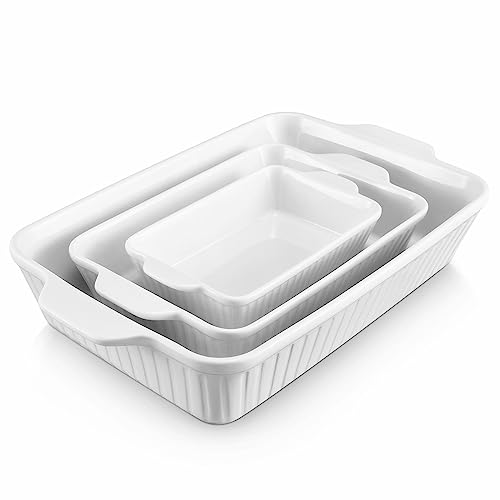 DOWAN Casserole Dishes for Oven, Ceramic Baking Dishes for Oven Set of 3, Lasagna Pan Deep, Baking Pan Set Rectangular Casserole Dish Set with Handles for Baking, White (15.6''/12.2''/8.9'')